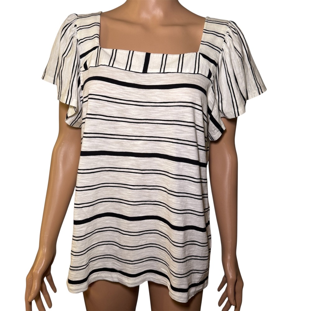Vince Camuto Womens Medium M Black White Striped Square Neck Flutter Sleeve Top